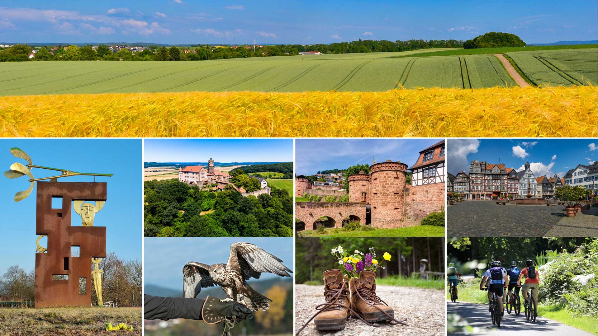 Collage mit Landschaftsaufnahme der Wetterau sowie Motiven aus Kultur, Natur und Freizeit – darunter Keltenfürst‑Skulptur, Ronneburg, Jerusalemer Tor, Marktplatz Butzbach, Greifvogel, Wanderstiefel mit Wildblumen und Radfahrer auf Waldweg.