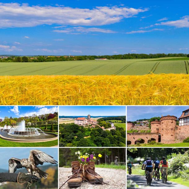 Gesamtbild: Das Bild ist eine Collage aus sieben Fotografien, die verschiedene Szenen aus Natur, Kultur und Freizeit zeigen. Obere Bildhälfte: Das große Foto zeigt eine Aufnahme der Landschaft Wetterau. Zu sehen sind weite Felder mit grünen und gelben Pflanzen unter einem blauen Himmel mit vereinzelten weißen Wolken. Untere Bildhälfte (sechs kleinere Bilder von links nach rechts): 1. Metallskulptur: Die Metallskulptur zeigt den Keltenfürsten. Sie besteht aus Metall und stellt eine menschliche Figur mit einem Pfeil auf dem Kopf dar. 2. Luftaufnahme: Die Luftaufnahme zeigt die Ronneburg, ein historisches Schloss, umgeben von viel Grün. 3. Burgmauer: Das Bild zeigt das Jerusalemer Tor in Büdingen, eine massive Steinmauer als Teil der historischen Stadtbefestigung. 4. Stadtplatz: Der Marktplatz von Butzbach mit traditionellen Gebäuden und Tischen im Freien, vermutlich von Cafés oder Restaurants. 5. Greifvogel: Ein Bild der Falknerei der Ronneburg. Ein Greifvogel sitzt auf einer behandschuhten Hand. 6. Wanderstiefel: Zwei Wanderstiefel, die mit bunten Wildblumen gefüllt sind. 7. Radfahrer: Mehrere Radfahrer fahren auf einem Radweg durch den Wald.