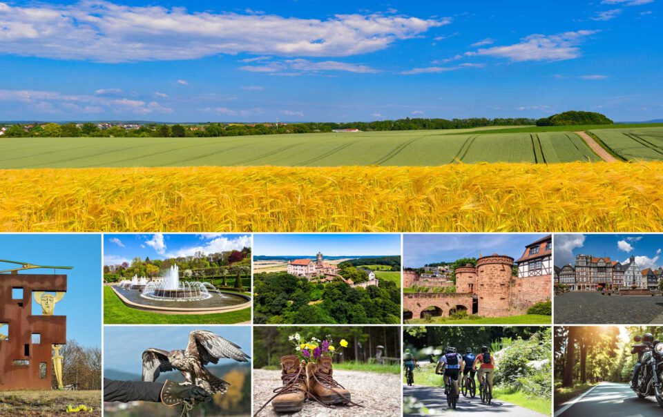 Gesamtbild: Das Bild ist eine Collage aus sieben Fotografien, die verschiedene Szenen aus Natur, Kultur und Freizeit zeigen. Obere Bildhälfte: Das große Foto zeigt eine Aufnahme der Landschaft Wetterau. Zu sehen sind weite Felder mit grünen und gelben Pflanzen unter einem blauen Himmel mit vereinzelten weißen Wolken. Untere Bildhälfte (sechs kleinere Bilder von links nach rechts): 1. Metallskulptur: Die Metallskulptur zeigt den Keltenfürsten. Sie besteht aus Metall und stellt eine menschliche Figur mit einem Pfeil auf dem Kopf dar. 2. Luftaufnahme: Die Luftaufnahme zeigt die Ronneburg, ein historisches Schloss, umgeben von viel Grün. 3. Burgmauer: Das Bild zeigt das Jerusalemer Tor in Büdingen, eine massive Steinmauer als Teil der historischen Stadtbefestigung. 4. Stadtplatz: Der Marktplatz von Butzbach mit traditionellen Gebäuden und Tischen im Freien, vermutlich von Cafés oder Restaurants. 5. Greifvogel: Ein Bild der Falknerei der Ronneburg. Ein Greifvogel sitzt auf einer behandschuhten Hand. 6. Wanderstiefel: Zwei Wanderstiefel, die mit bunten Wildblumen gefüllt sind. 7. Radfahrer: Mehrere Radfahrer fahren auf einem Radweg durch den Wald.
