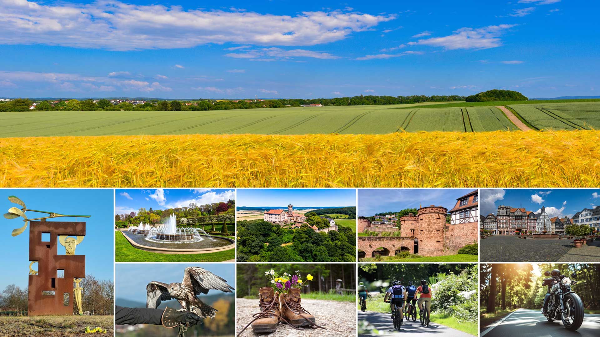 Gesamtbild: Das Bild ist eine Collage aus sieben Fotografien, die verschiedene Szenen aus Natur, Kultur und Freizeit zeigen. Obere Bildhälfte: Das große Foto zeigt eine Aufnahme der Landschaft Wetterau. Zu sehen sind weite Felder mit grünen und gelben Pflanzen unter einem blauen Himmel mit vereinzelten weißen Wolken. Untere Bildhälfte (sechs kleinere Bilder von links nach rechts): 1. Metallskulptur: Die Metallskulptur zeigt den Keltenfürsten. Sie besteht aus Metall und stellt eine menschliche Figur mit einem Pfeil auf dem Kopf dar. 2. Luftaufnahme: Die Luftaufnahme zeigt die Ronneburg, ein historisches Schloss, umgeben von viel Grün. 3. Burgmauer: Das Bild zeigt das Jerusalemer Tor in Büdingen, eine massive Steinmauer als Teil der historischen Stadtbefestigung. 4. Stadtplatz: Der Marktplatz von Butzbach mit traditionellen Gebäuden und Tischen im Freien, vermutlich von Cafés oder Restaurants. 5. Greifvogel: Ein Bild der Falknerei der Ronneburg. Ein Greifvogel sitzt auf einer behandschuhten Hand. 6. Wanderstiefel: Zwei Wanderstiefel, die mit bunten Wildblumen gefüllt sind. 7. Radfahrer: Mehrere Radfahrer fahren auf einem Radweg durch den Wald.