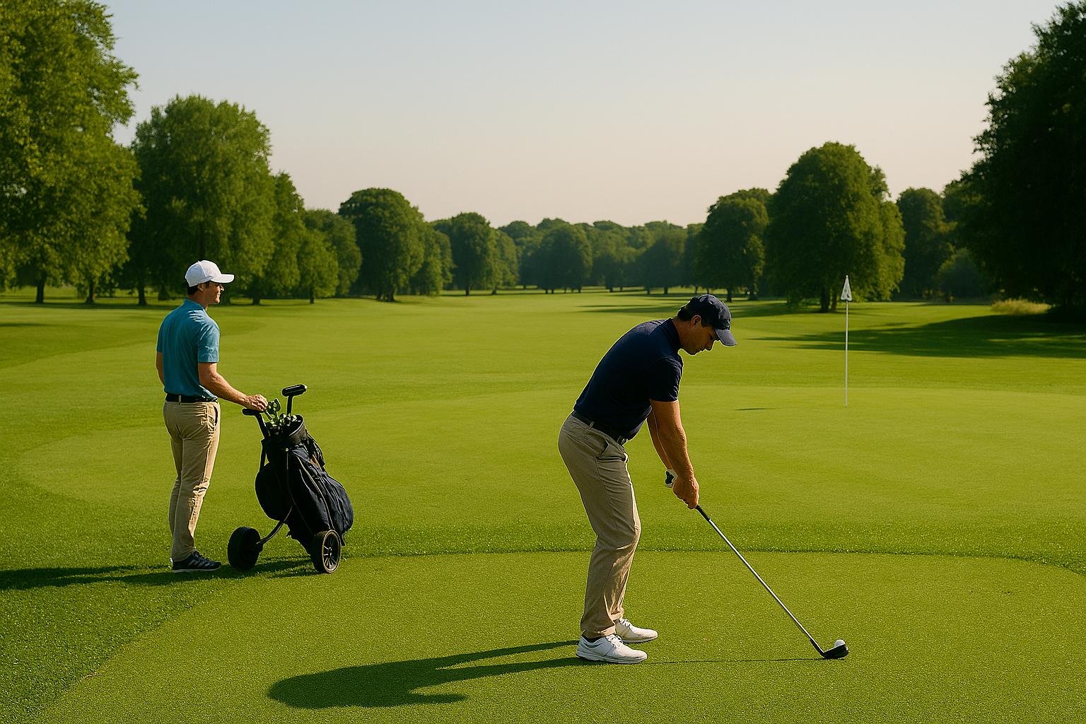 Golfer auf dem Golfplatz Altenstadt - nahe Ferienwohnung Casa La Vie - am Abschlag mit Caddy (KI generiert).