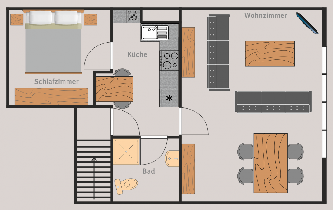Grundriss der Ferienwohnung Keltenwelt: Komfortable Zweizimmerwohnung im Dachgeschoss. Zugang über die Treppe, Eingang durch die rechte Tür. Nach dem Betreten gelangt man in die gut ausgestattete Küche mit Ceranfeld, Spüle und kleiner Garderobe. Rechts befindet sich das Badezimmer mit Dusche und Toilette. Geradeaus führt der Weg in das Wohnzimmer mit Panoramafenster, Sofa, Couchtisch und Esstisch mit vier Stühlen. Links von der Küche liegt das separate Schlafzimmer mit großem Dachfenster und Doppelbett.