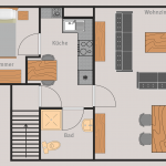Grundriss der Ferienwohnung Keltenwelt: Komfortable Zweizimmerwohnung im Dachgeschoss. Zugang über die Treppe, Eingang durch die rechte Tür. Nach dem Betreten gelangt man in die gut ausgestattete Küche mit Ceranfeld, Spüle und kleiner Garderobe. Rechts befindet sich das Badezimmer mit Dusche und Toilette. Geradeaus führt der Weg in das Wohnzimmer mit Panoramafenster, Sofa, Couchtisch und Esstisch mit vier Stühlen. Links von der Küche liegt das separate Schlafzimmer mit großem Dachfenster und Doppelbett.