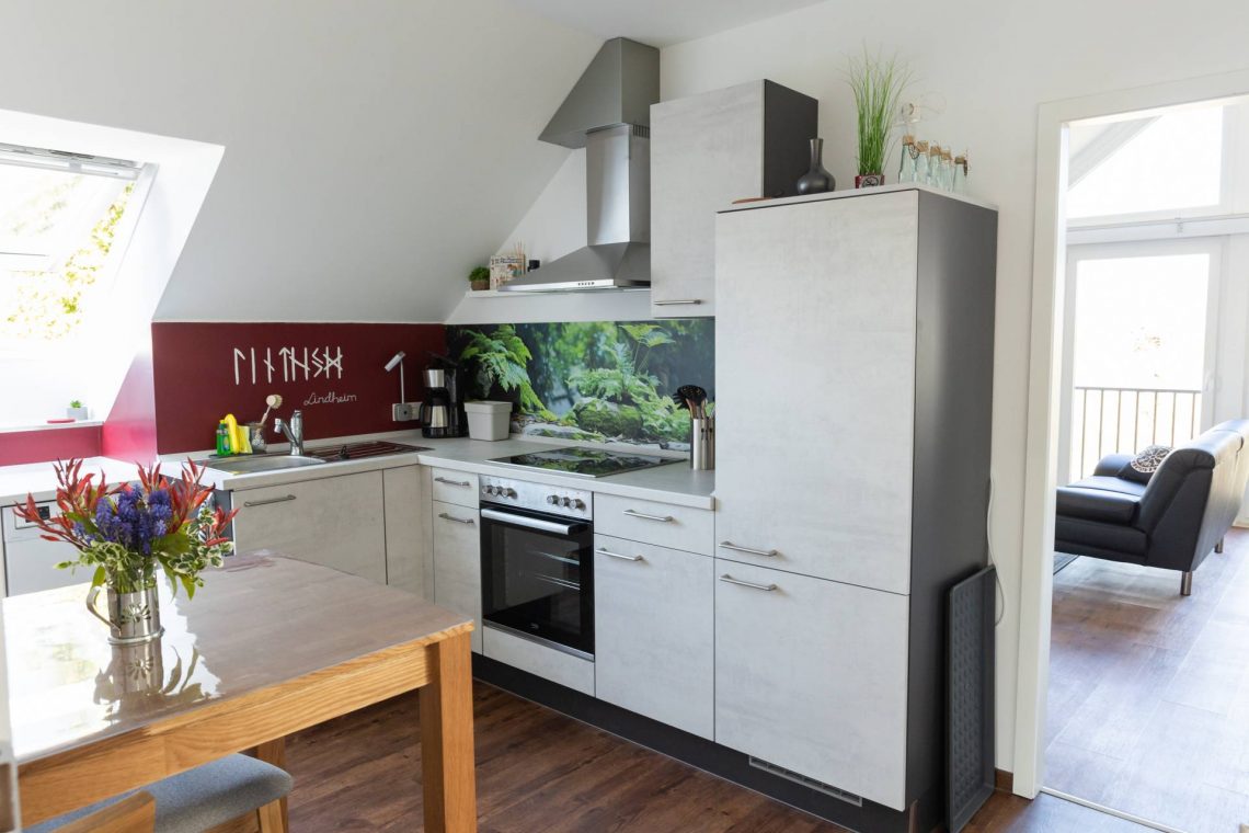 Die Küche der Ferienwohnung „Keltenwelt“ in der Wetterau bietet helle Arbeitsflächen, Herd, Backofen, Spüle, Dunstabzug und viel Tageslicht. Ein großes Fenster bringt Licht in den Raum. Rechts neben der Spüle steht eine Kaffeemaschine mit Dauerfilter. Ein kleiner Esstisch mit Blumenstrauß lädt zum Sitzen ein. An der roten Wand über der Spüle sind weiße keltische Buchstaben gut sichtbar. Ein Wandbild mit grünen Pflanzen schützt den Bereich über dem Herd vor Spritzern. Der angrenzende Wohnbereich mit Sofa und bodentiefen Fenstern ist direkt verbunden.