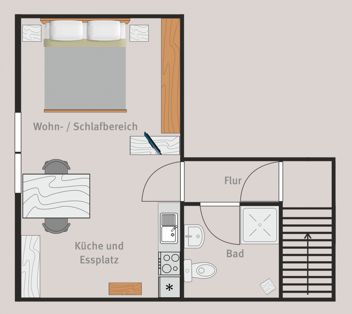 Grundriss der Ferienwohnung Ronneburg: Komfortable Einzimmerwohnung im Dachgeschoss. Zugang über die Treppe, Eingang durch die linke Tür. Nach dem Betreten gelangt man in einen kleinen Flur mit Garderobe. Links befindet sich das Badezimmer mit Dusche, Toilette und Waschbecken. Geradeaus führt der Weg in den Wohn- und Schlafbereich, der eine Küche mit Herd und Spüle sowie einen Essplatz mit zwei Stühlen umfasst. Der Wohn- und Schlafbereich enthält ein Doppelbett einen großen, holzfarbenen Einbauschrank sowie zwei Nachttische.