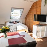 Helle Ferienwohnung mit großem Dachfenster und zwei weiteren Tageslichtfenstern mit Blick ins Grüne. Unter dem Dachfenster steht ein Doppelbett aus hellem Eichenholz. Ein mehrtüriger Holzeinbauschrank und mehrere Pflanzen verleihen dem Raum natürliche Akzente. Links neben der Tür befindet sich ein kleines weißes Regal mit einem modernen Fernseher, der über einen Schubtisch ausgefahren werden kann. Im Vordergrund steht ein ausziehbarer weißer Tisch mit roten Platzsets und einem Blumenstrauß. Zwei Polsterstühle stehen am Tisch. Die Einrichtung wirkt freundlich und charmant. Der Ausblick zeigt Bäume und Landschaft der Wetterau.
