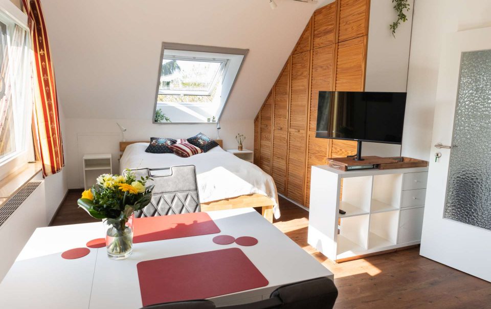 Helle Ferienwohnung mit großem Dachfenster und zwei weiteren Tageslichtfenstern mit Blick ins Grüne. Unter dem Dachfenster steht ein Doppelbett aus hellem Eichenholz. Ein mehrtüriger Holzeinbauschrank und mehrere Pflanzen verleihen dem Raum natürliche Akzente. Links neben der Tür befindet sich ein kleines weißes Regal mit einem modernen Fernseher, der über einen Schubtisch ausgefahren werden kann. Im Vordergrund steht ein ausziehbarer weißer Tisch mit roten Platzsets und einem Blumenstrauß. Zwei Polsterstühle stehen am Tisch. Die Einrichtung wirkt freundlich und charmant. Der Ausblick zeigt Bäume und Landschaft der Wetterau.